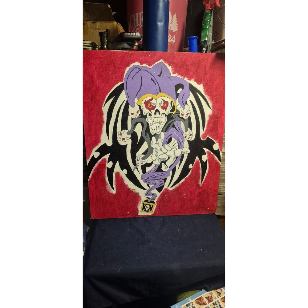 Original Jester‎ Skull Painting Acrylic Canvas Panel Signed 20x24